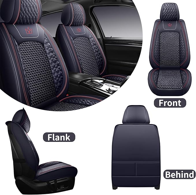 HighnessHwoo Luxury Car Seat Covers Full Set, Breathable Faux Leather Car Seat Protector, Dog Child Kids Summer Ventilated Seat Cushion for Front & Back Seats, Universal, Black, Full Set 5 Seats