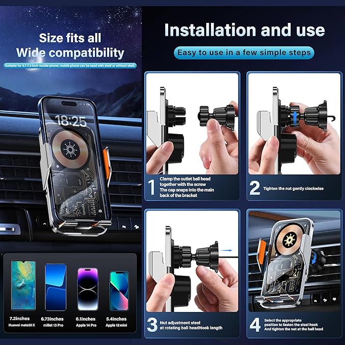Wireless Charger Holder, Auto Clamp Vent Phone Mount - 15W Fast Charging Dual Induction Car Phone Mount with Transparent Design for iPhone 16 Pro Max 15 14 13 12 11, Sumsung S24 S23 S22 Series