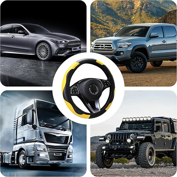 Car Steering Wheel Cover, 15 inch Carbon Fiber Microfiber PU Leather Elastic Steering Wheel Protector for Men Women, Universal Durable Car Decorative Fit for Most Cars, Trucks, SVU (Yellow)