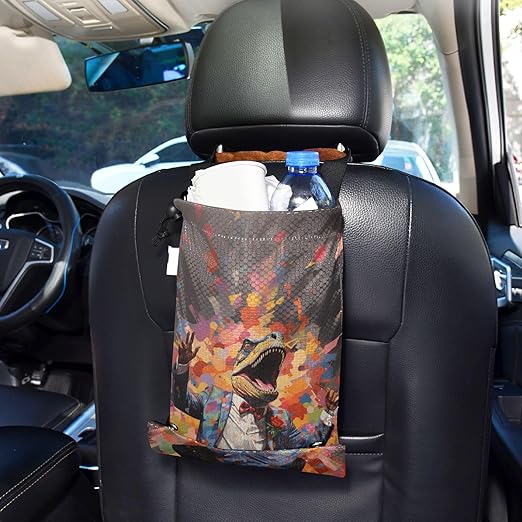 ALAZA Hanging Car Trash Bags Garbage Bag Trash Can for Back Seat Small Dinosaur Funny 1 Washable Storage Bag Retractable 2 Pack
