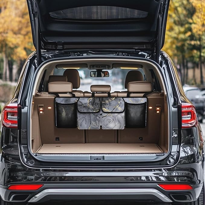 CLOHOMIN Gray Marble Print Trunk Organizer 4 Compartments Sturdy Trunk Organizer for SUV Rose Car Seatback Organizer Large Capacity Auto Trunk Mesh Storage for SUV Vehicle Sedan