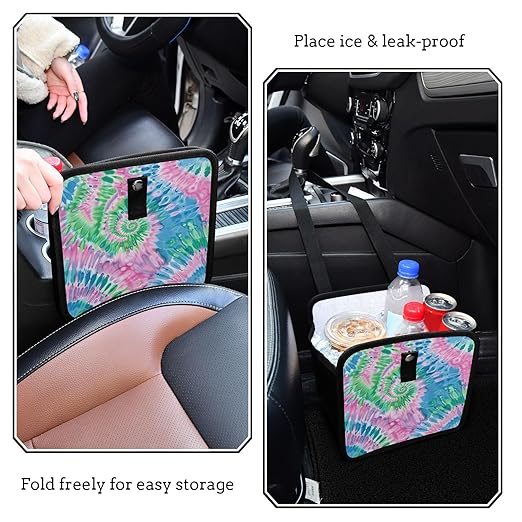 Car Trash Can Organizer Bin with Adjustable Strap for Back Front Seat Console Waterproof Leakproof Collapsible Portable 11 Inch Tie Dye Blue Green Pink