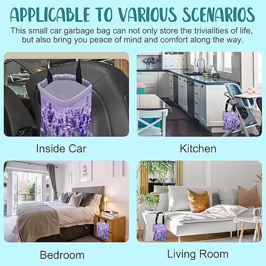 KXWQTRDD Car Garbage Bag Purple Lavender Flowers Drawstring Car Trash Bag Hanging for Back Seat with Adjustable Buckle Canvas Vehicle Trash Can Easy-to-Install