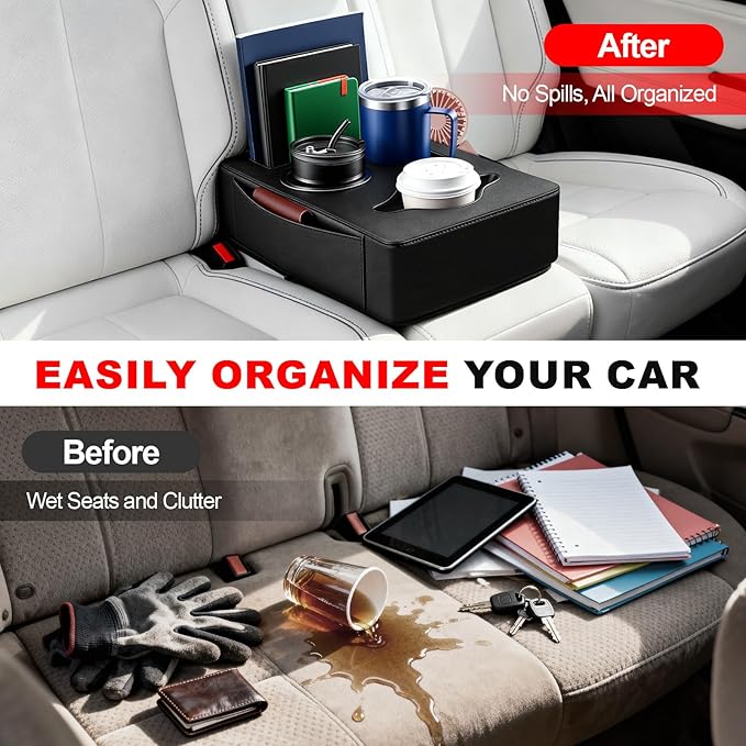SPEEDNRG Car Back Seat Cup Holder, PU Leather Car Drink Holder, Couch Sofa Bed Expander Tray Cup Storage, Waterproof & Non-Slip Back Seat Organizer
