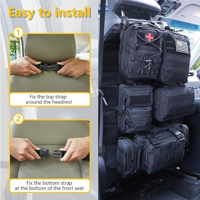 Universal Tactical Car Seat Back Organizer Bag Tactical Molle Vehicle Organizers Panel Vehicle Protector Organizers with 5 Detachable Pouches for Car (Upgraded A black)