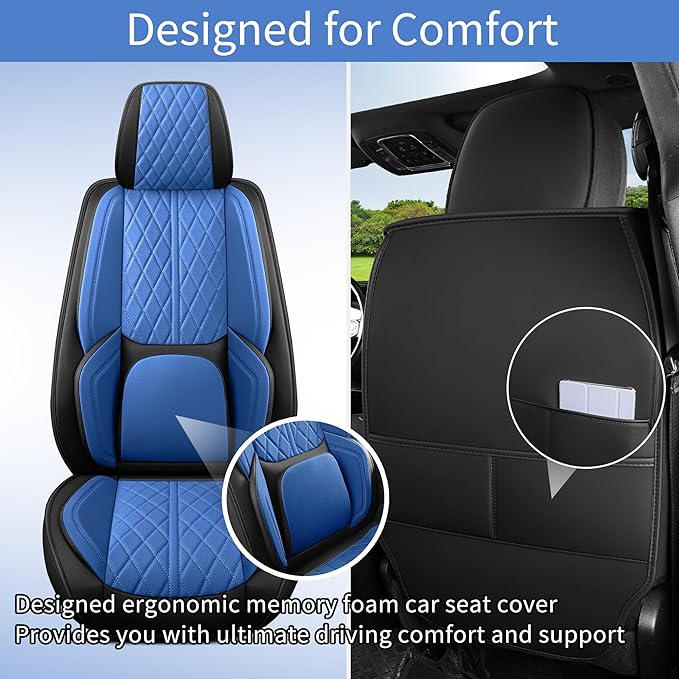 Universal seat Covers Fit for Cars, SUV, Sedans, with Durable and Breathable Leather(Black & Blue, Full Set)