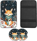 JANENFNA Car Armrest Cover Pads Universal Fashion Cute Auto Center Console Armrest Cover Pad with 2PCS Car Coasters Soft Waterproof Car Armrest Seat Protector for Women,Winter Fox