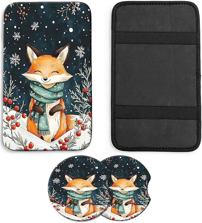 JANENFNA Car Armrest Cover Pads Universal Fashion Cute Auto Center Console Armrest Cover Pad with 2PCS Car Coasters Soft Waterproof Car Armrest Seat Protector for Women,Winter Fox