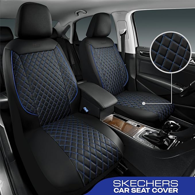 Skechers Car Seat Covers,Piping Luxury Faux Seat Covers,Waterproof Anti Slip Car Seat Protector Full Set,Car Accessories Airbag Universal Fit for Most Cars,Vans,Trucks,SUV,Blue
