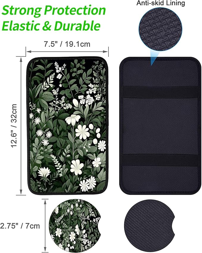 JANENFNA Car Armrest Cover Pads Universal Fashion Cute Auto Center Console Armrest Cover Pad with 2PCS Car Coasters Soft Waterproof Car Armrest Seat Protector for Women,White Flowers