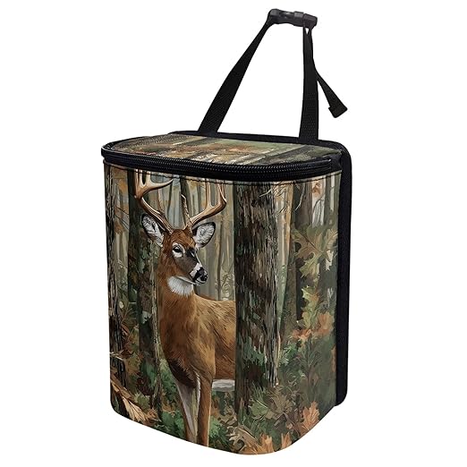 Camo Deer Car Trash Can with Lid Hunting Car Garbage Bin Auto Garbage Can with Adjusatbel Straps Hiking & Camping Storage Bag Auto Interior Accessories