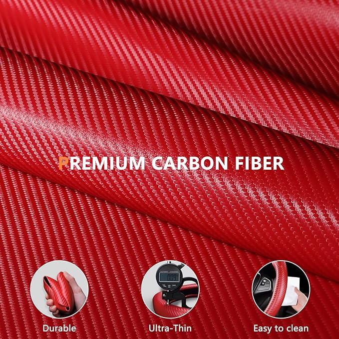 Aimato Carbon Fiber Steering Wheel Cover 2 Piece Non-Slip Clip on Steering Wheel Cover,Ultra-Thin Breathable,Universal Fit 14.5"-15" Wheel,Matte Red