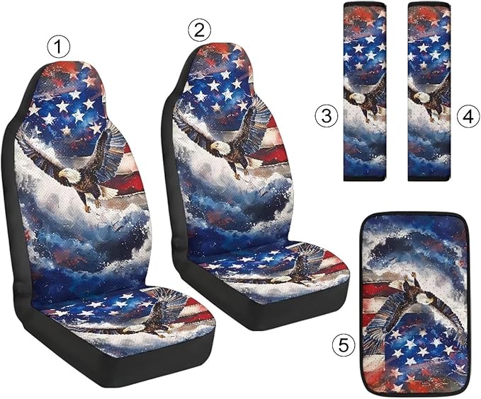 Qeluxign Car Accessories Set for Women American Flag Bald Eagle Center Console Armrest Pad Seat Belt Cushion Universal Car Accessories for SUV Van Truck