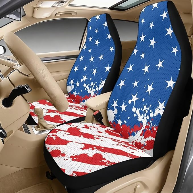 Qeluxign Car Seat Covers 2 Front Seats Splatter American Flag Universal Fit Center Console Protector Auto Seat Belt Cover Against Stains, Spills, Dust Car Interior Accessories 5 Piece Set