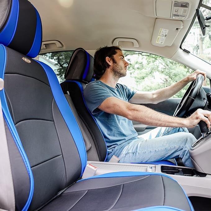 FH Group Ultra Comfort Highest Grade Faux Leather Full Set Cushion Pads Car Seat Covers for Front and Rear– Universal Fit for Cars Trucks & SUVs (Blue/Black)