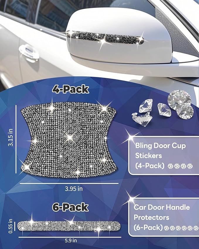 Bling Car Door Handle Protector, 10 PCS, Black Sparkling Rhinestone Cars Door Protective Cover, Anti-Scratch Auto Handles Sticker, Universal Bling Car Accessories for Women