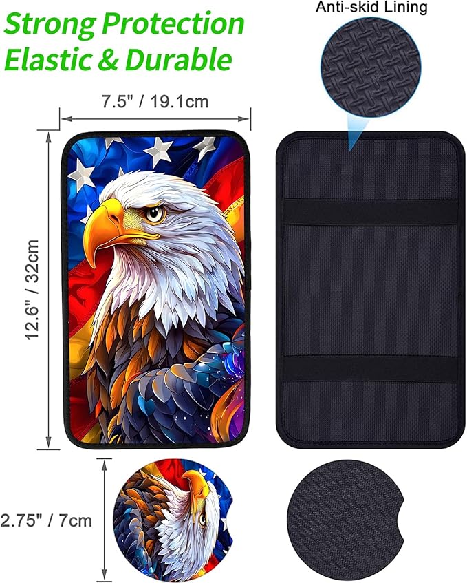 JANENFNA Car Armrest Cover Pads Universal Fashion Cute Auto Center Console Armrest Cover Pad with 2PCS Car Coasters Soft Waterproof Car Armrest Seat Protector for Women,Flag Eagle a
