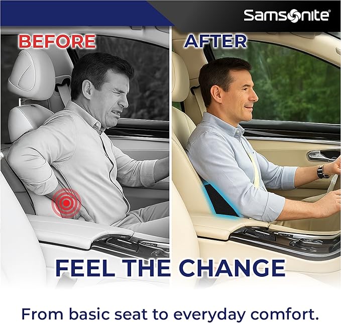 Samsonite Ergonomic Lumbar Pillow for Office Chair and Car Seat - Memory Foam Back Support Lumbar Pillow, Premium Cushion Chair Support for Lower Back Pain Relief and Versatile Use (Black)