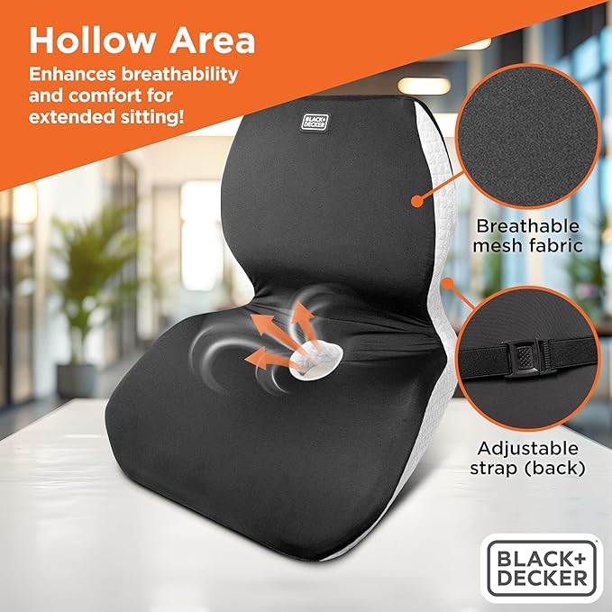 BLACK+DECKER Memory Foam Full Chair Shape Seat Cushion – Lumbar and Seat Cushion Combo for Office, Car, Wheelchair & Airplane – Ergonomic, Tailbone & Back Pain Relief, Washable Cover