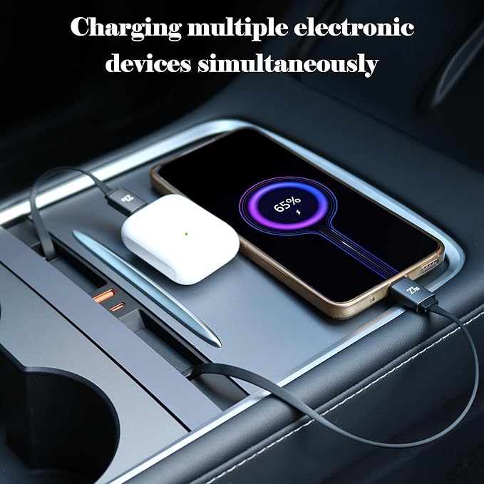 Ospiswin Car USB Hubs Chargers adapted for Model 3 Model Y Center Console with 4 Ports Fast Charging Retractable Cables Phone Charger Docking Station Accessories