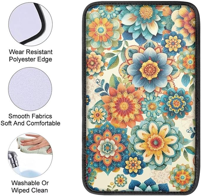 Horeset Retro Flower Non-Slip Car Armrest Cover Cushion Universal Fit Silver Automobile Center Console Pad Decor Protector