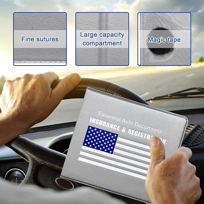 Ziciner Car Registration Insurance Holder, 2Pack Essential Auto Card Document Glove Box Organizer with Touch Fastener, Vehicle Interior Accessories Perfect for Most Car, Truck, SUV (Gray/Blue Flag)