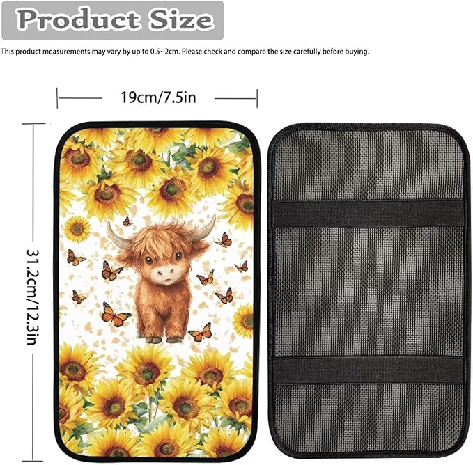 Floral Highland Cow Car Center Console Cover Cute Cattle Automotive Center Console Cushion Protector Non Slip Armrest Box Pad Cute Cow Car Accessories for Women Girls