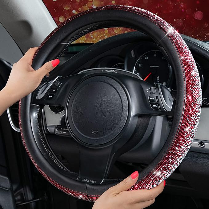 CAR PASS Bling Diamond Leather Steering Wheel Cover, Bling Sparkly Crystal Glitter Rhinestones Universal Fit 14" 1/2-15" Car Wheel Protector for Women Girl Fit Suvs,Vans,Sedans,Trucks, Red Silver