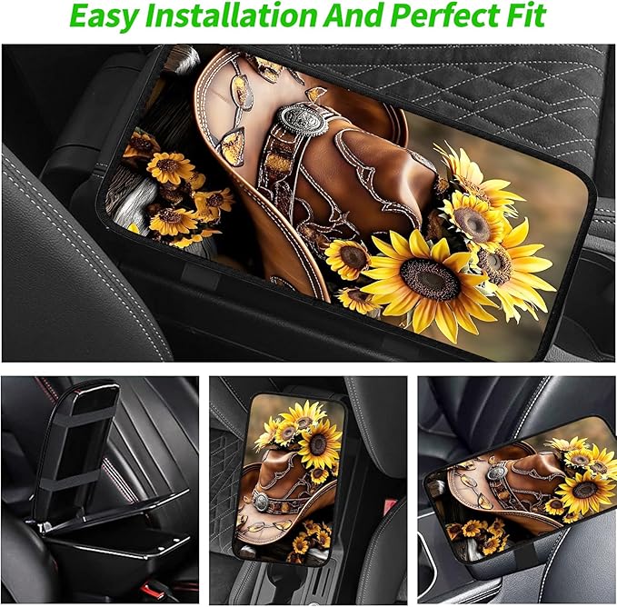 JANENFNA Car Armrest Cover Pads Universal Fashion Cute Auto Center Console Armrest Cover Pad with 2PCS Car Coasters Soft Waterproof Car Armrest Seat Protector for Women,Cowboy Hat Sunflowers-A