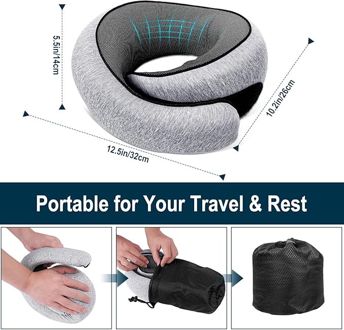 GongPath Travel Neck Pillow for Airplanes, 100% Memory Foam Neck Pillow for Sleeping, 360° Neck Support Pillow, Compact and Ergonomic Design for Travel, Car Rides, Airport (Light Grey)