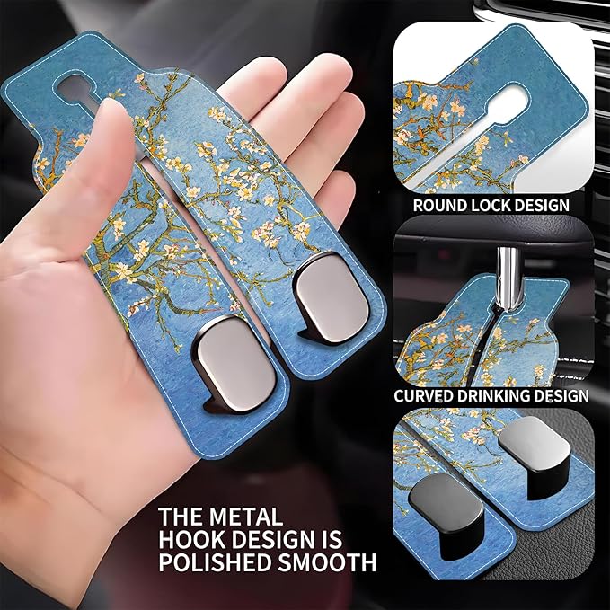 AEWNUNK 1 Pack Car Seat Headrest Hooks for Purses Abstract Blossoming Almond Tree Bag Purse Holder for Car with Double Metal Hooks Car Purse Hanger Hanging Accessories