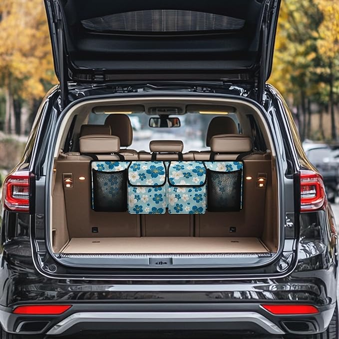 CLOHOMIN Flower Car Trunk Organizers for Women Blue Back Seat Storage Bag with 4 Pockets Fashion Trunk Organizer for SUV Truck Sedan Hanging Car Interior Accessories