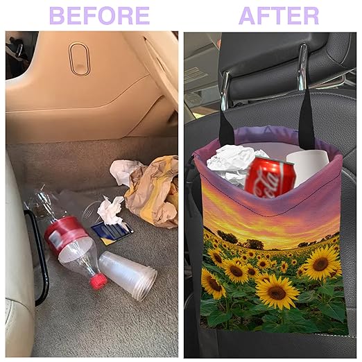 Car Trash Bag Sunflower Field Car Garbage Bag Waterproof Car Trash Can for Back Seat with Adjustable Straps and Drawstring, Foldable Car Trash Bin for Car Accessories Vehicle Travelling Camping