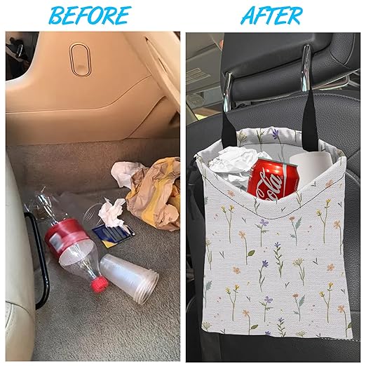 Car Trash Bag Wildflowers Car Garbage Bag Hanging Car Trash Can for Back Seat with Drawstring