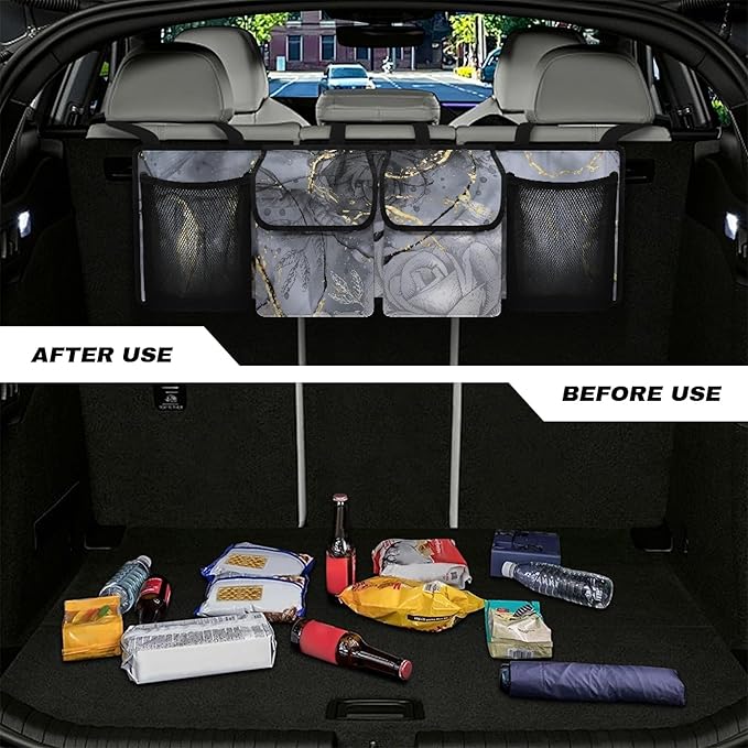 CLOHOMIN Gray Marble Print Trunk Organizer 4 Compartments Sturdy Trunk Organizer for SUV Rose Car Seatback Organizer Large Capacity Auto Trunk Mesh Storage for SUV Vehicle Sedan