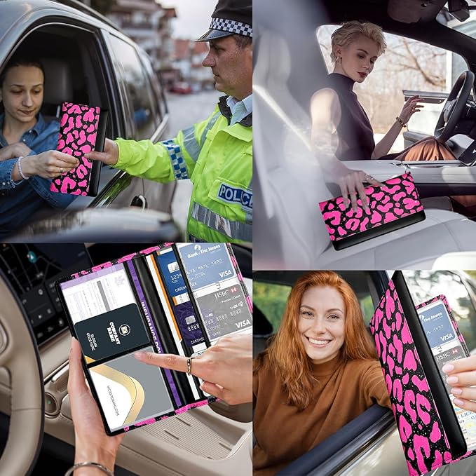 FinestHouse Car Registration and Insurance Holder with Magnetic Closure, Universal Document Organizer for License, Insurance Cards & Glove Box Storage (Leopard-Glitter Hot Pink)