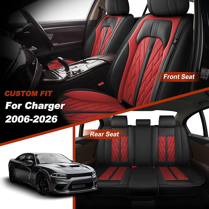 TTX LIGHTING Seat Covers Fit for Dodge Charger 2006-2026 Seat Covers Full Set Car Seat Covers Faux Leather Breathable Waterproof Car Seat Protector (5 Seats, Black&Red)