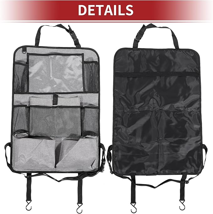 ACROPIX Car Back Seat Organizer Backseat Kick Mat Protector with Touch Screen Tablet Holder 7 Pockets Storage Bag Oxford Cloth Gray - Pack of 2