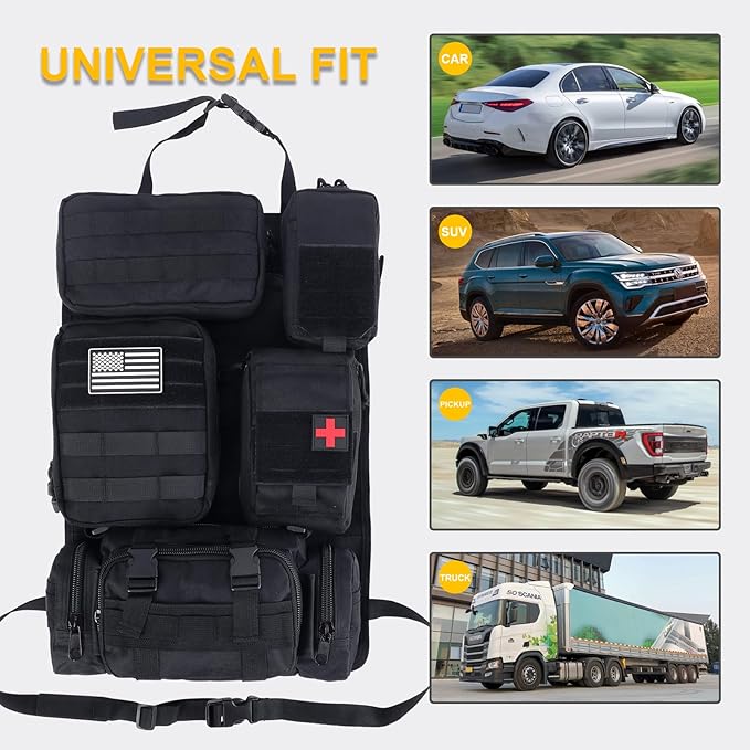 Universal Tactical Car Seat Back Organizer Bag Tactical Molle Vehicle Organizers Panel Gear Accessories with 5 Different Size Molle Pouches for Car Truck Ford Jeep Vehicle (B style-Black)