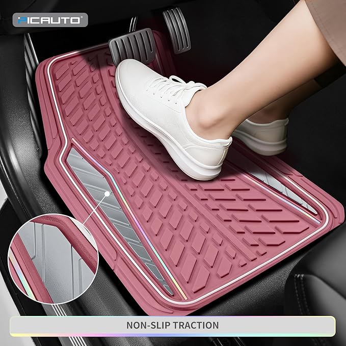 PIC AUTO All Pink Car Floor Mats, Aluminum-Molded with Full-Circle Iridescent Inlay Strip Car Mats, Universal-Fit Rubber Mats for Cars, Trucks & SUVs, All-Weather, Non-Slip, Easy-to-Clean Interior Mat