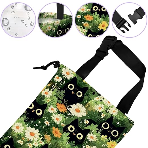 Car Trash Bag Black Cat Among Flowers Car Trash Bin Leakproof Waterproof Car Trash Can for Back Seat, Foldable Car Garbage Bag with Adjustable Straps and Drawstring for Car Accessories