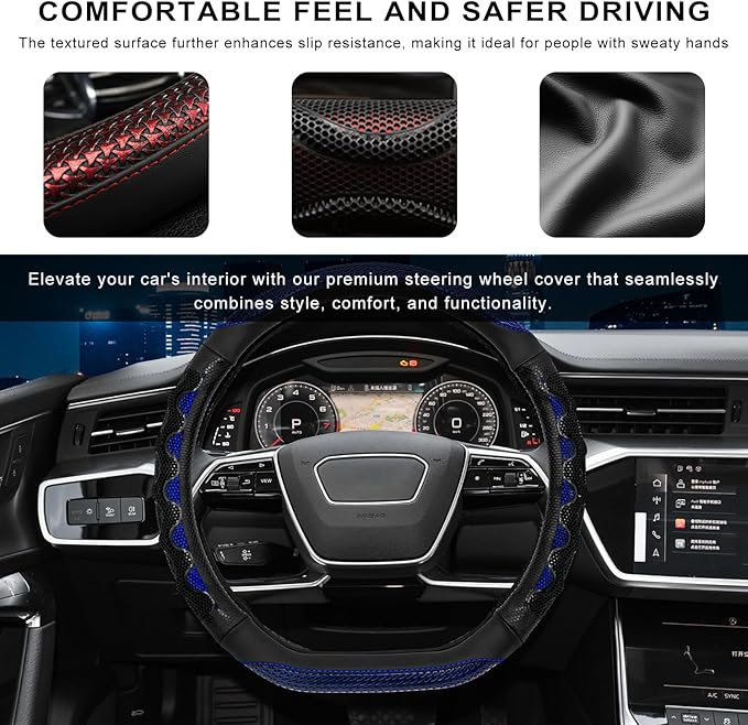 Car Steering Wheel Cover, 15 Inches Leather Comfy Grip Steering Wheel Protector with 3D Honeycomb, Anti-Slip D-Shaped Wheel Wrap Cover for Most Vehicles, Car Accessories (Blue)