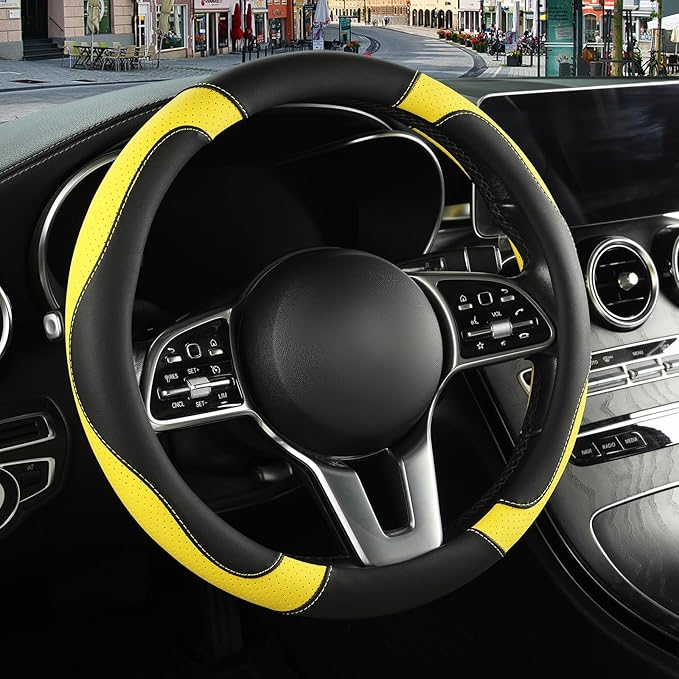 Binsheo Microfiber Leather Steering Wheel Cover Large for Ford F150 F250 F350 RAM 4Runner Tacoma Tundra Range Rover Model X Model S, Breathable, Anti Slip, 15.5 inch to 16 inch, Black with Yellow