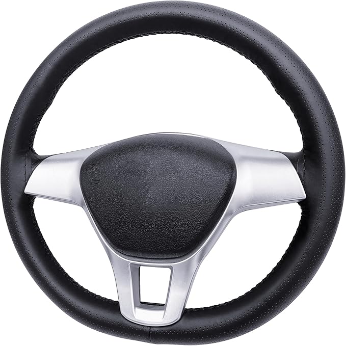 Carodi Leather Steering Wheel Cover, Breathable Non-Slip Design, Soft and Comfortable Feeling, Universal 15 Inch Auto Car Steering Wheel Stitch on Wrap（Size M, Black）