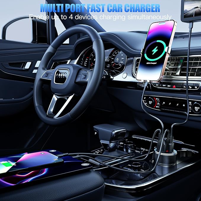 Car Charger with USB C Cable, 78W 4 Port Car Phone Charger Adapter Fast Charging, Dual USB C Car USB Adapter for iPhone 17 16 15 14 13, iPad, Samsung Glaxy, Android (Black & Cable)