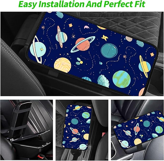 JANENFNA Car Armrest Cover Pads Universal Fashion Cute Auto Center Console Armrest Cover Pad with 2PCS Car Coasters Soft Waterproof Car Armrest Seat Protector for Women,Planets Stars