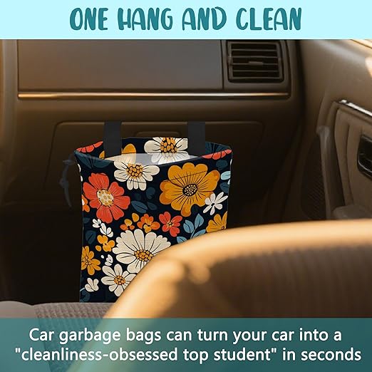 KXWQTRDD Car Garbage Bag Abstract Floral and Green Leaves Hanging Canvas Car Trash Bag Drawstring Car Back Seat Organizer for Car Back Front Seat Console with Adjustable Buckle
