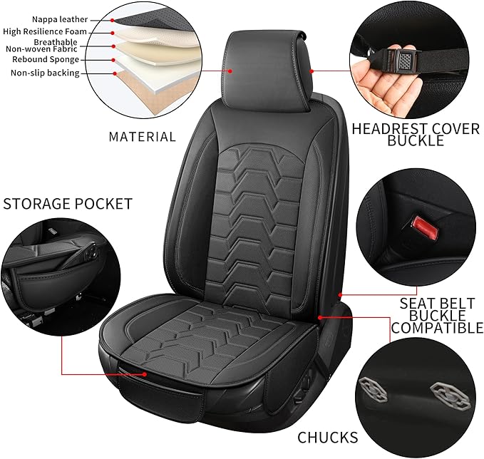 hoozoom Leather car Seat Covers Breathable Car Seat Protector Front seat Covers Universal Fit for 95% Car Truck SUV Van Vehicles （Black，2PCS）