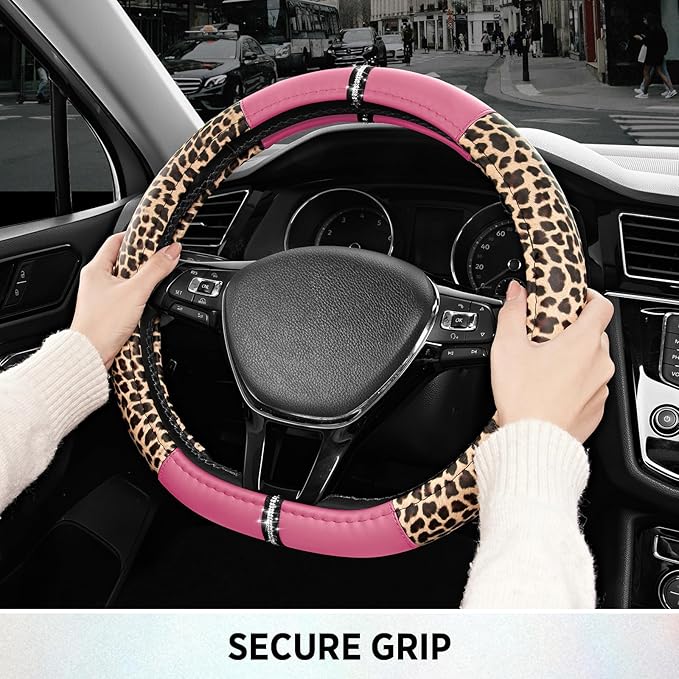 Road Comforts Leopard Steering Wheel Cover - Made with PVC Leather Cheetah Print, D-Shaped Automotive Steering Wheels - Anti-Slip, Universal Fit 14 1/2 inches to 15 inches - Pink