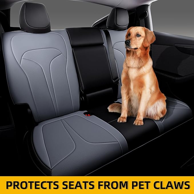 OURPLOT Custom Fit Seat Covers for 2025 2026 Tesla Model Y Juniper (5-Seater), Waterproof Breathable Nappa Leather, OEM Factory Style Full Set Car Seat Protectors Airbag Compatible - Black+Grey